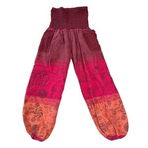 Womens Harem Pants Smocked High Waist Boho Hippie Festival Red Orange small